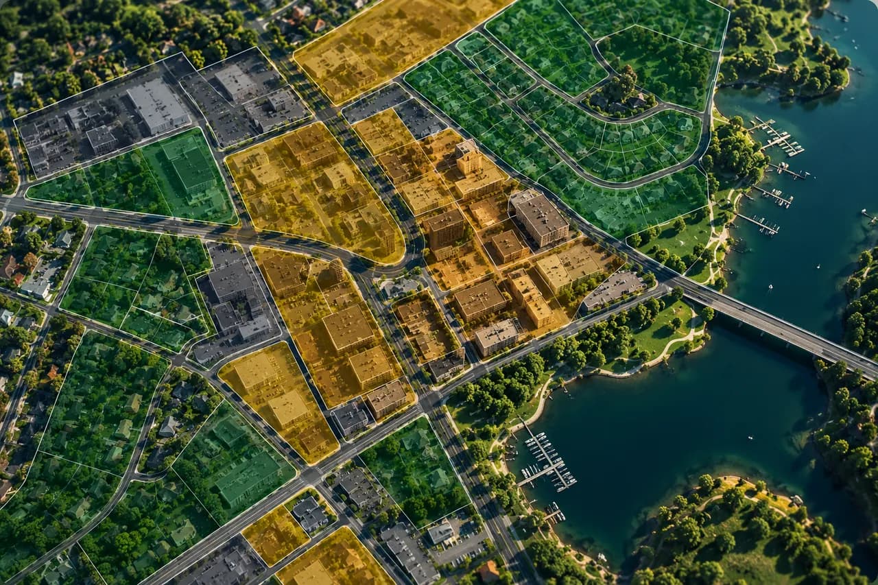 Aerial view of a town with its zoning districts shaded by category — residential, commercial and mixed-use, and industrial — over the parcel lines.